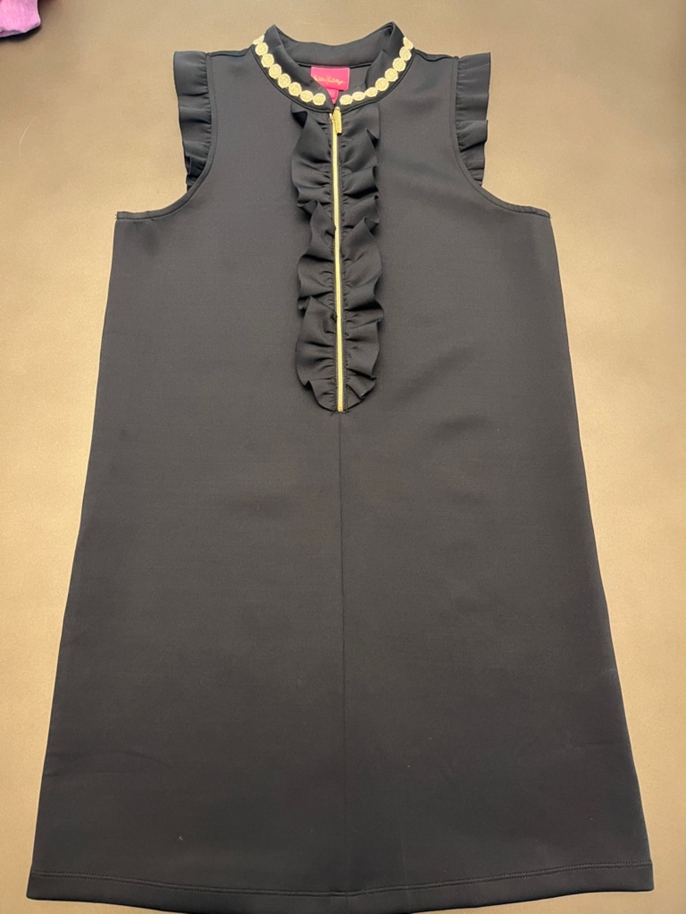 Lily Pulitzer Girls Sleeveless Black Dress with Gold Trim Ruffle Neck XL 12-14